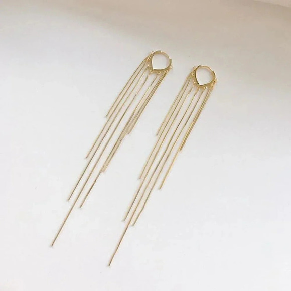Gold Long Tassel Drop Huggie Hoop Earrings - Picture 3 of 4